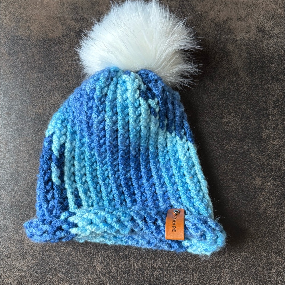Blue Knitted Kids Beanie with Pom Pom